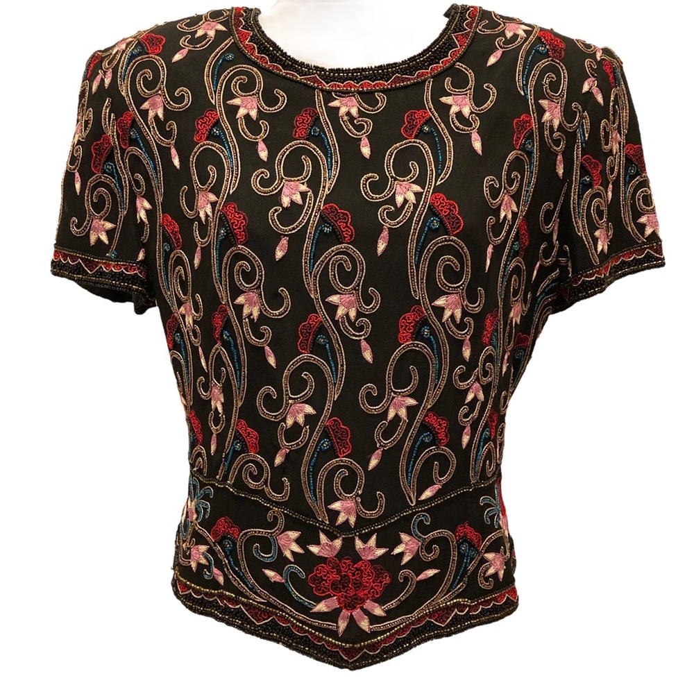 VTG Adrianna Papell Boutique Evening Beaded Embroidered Peplum Top Blouse L